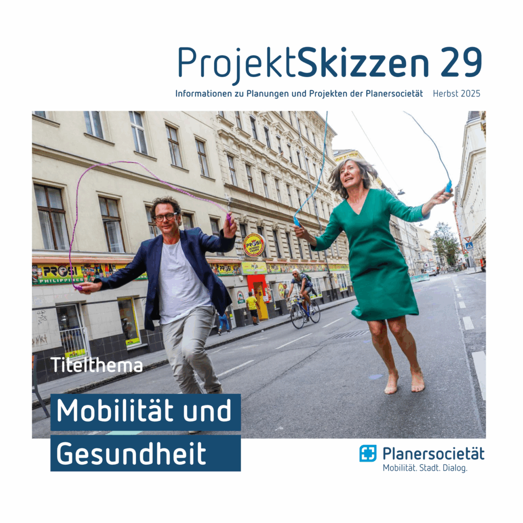 Im Maß leicht veränderte Titelseite der ProjektSkizzen, Ausgabe 29, mit Titelthema Mobilität und Gesundheit. Im Zentrum ein Bild mit einer frau und einem Mann, die auf einer Straße (ohne Autos) Seil springen..